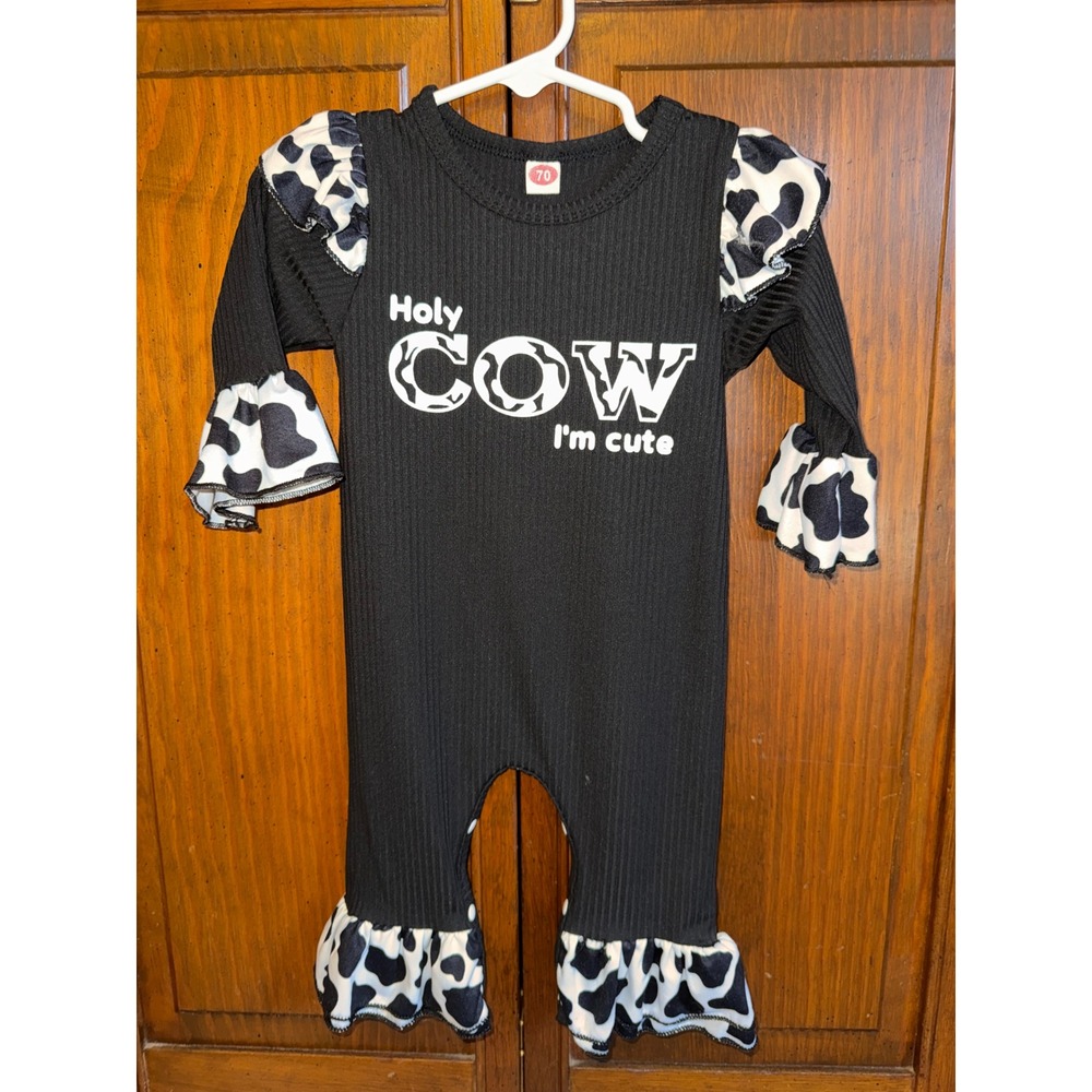 Holy Cow I'm Cute Baby Girlโ Ribbed Romper Cow Print Ruffles Black Size 70 3-6M